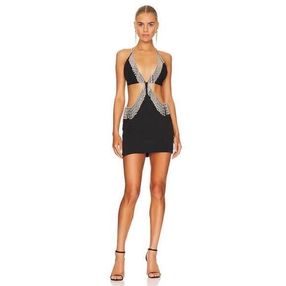 NBD Lali Dress Beaded Fringe Black Cut Out Mini Halter Revolve $328 NWT S - Picture 2 of 12